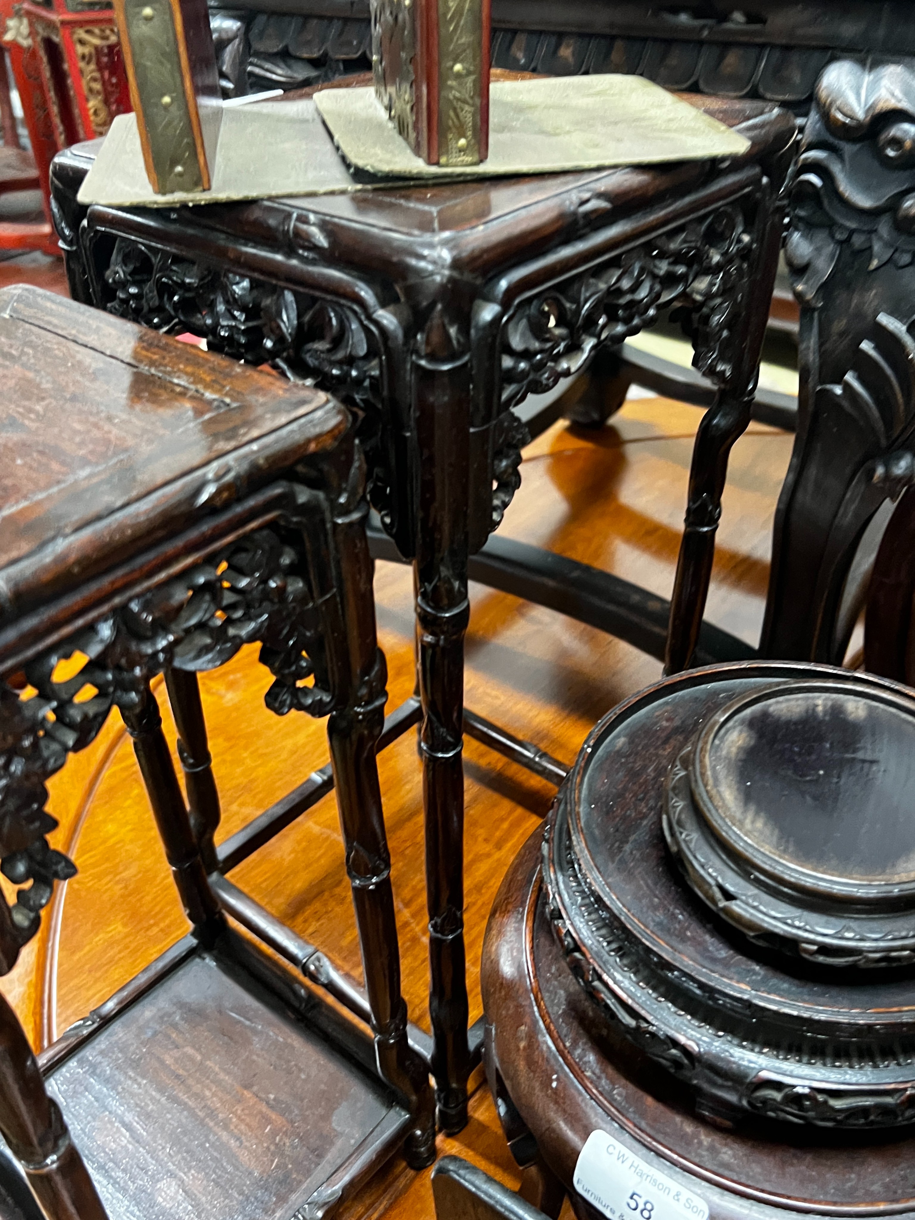 Seven assorted Chinese vase / plate hardwood stands together with two jadeite mounted bookends, largest height 40cm